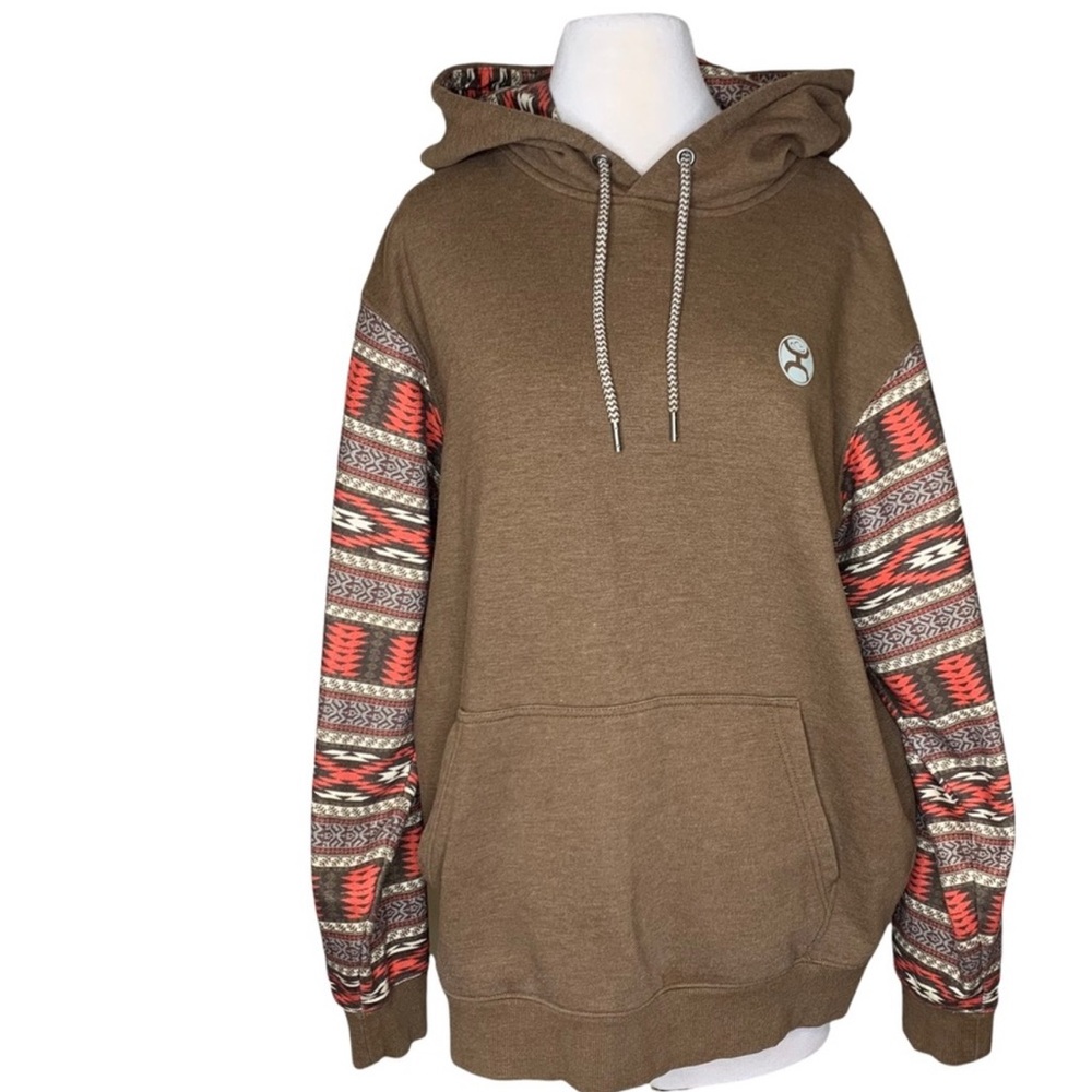 Hooey Brown Hoodie with Red Patterned Sleeves
